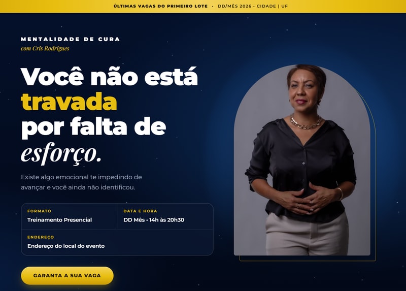 Landing do evento Mentalidade de Cura, com Cris Rodrigues