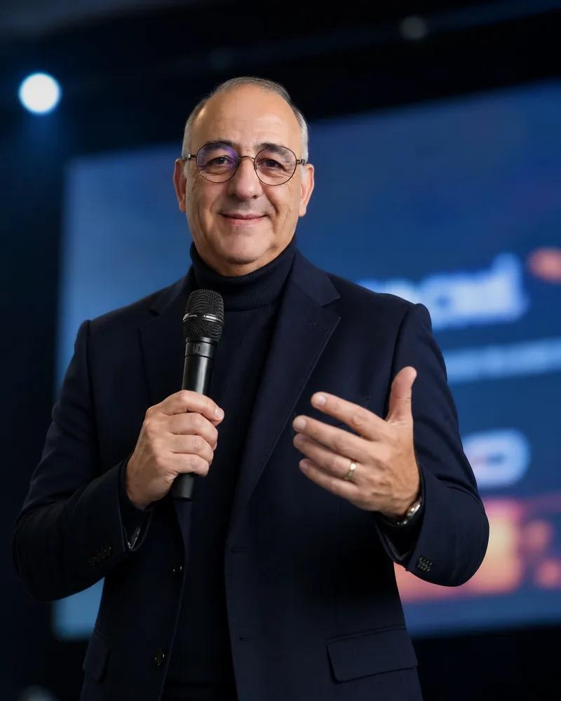 Paulo Vasconcelos a falar num palco, de microfone na mão